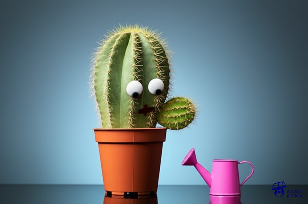 Un cactus marchito, intentando desesperadamente regarse con una diminuta regadera de juguete. Representa: Críticas al régimen de monotributo por falta de actualización