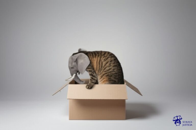 Un gato intentando meter un elefante en una caja de cartón. Representa: Cuestionamiento de idoneidad del hogar para tenencia