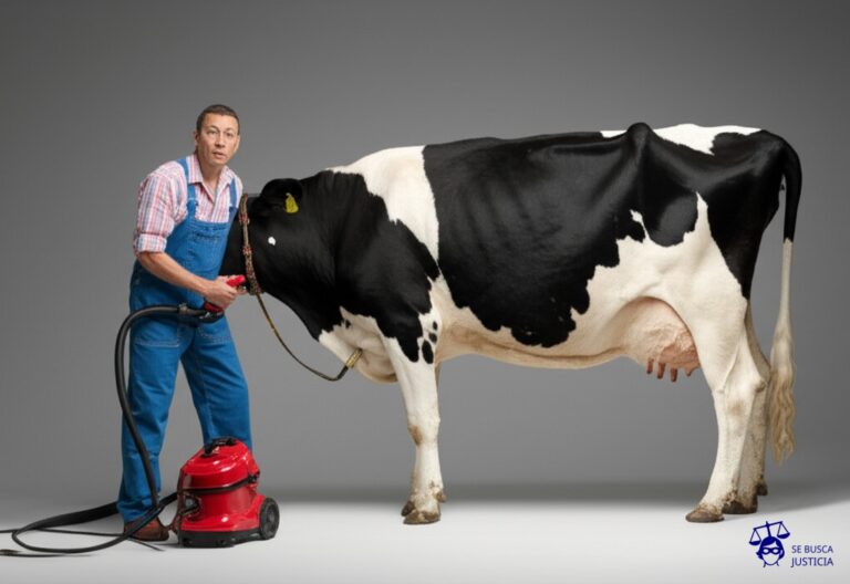 Un granjero intentando ordeñar una vaca usando una aspiradora. Representa: Cuestionamientos a la validez constitucional de decretos de necesidad y urgencia (DNU) por extralimitación del poder ejecutivo en funciones legislativas.