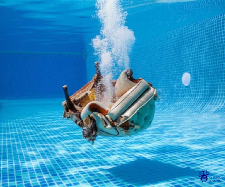Un sillón de estilo victoriano flotando boca arriba en una piscina, con la tapicería deshilachada y burbujas saliendo de las profundidades. Representa: Daño por inundación en propiedad privada