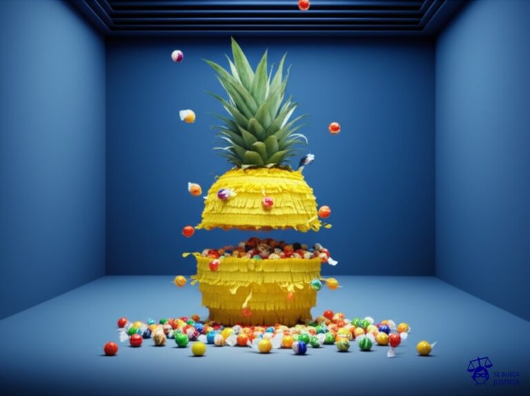 Una piña de piñata gigante, llena de caramelos, ha explotado. Los caramelos están esparcidos por todas partes, algunos pegados a las paredes, otros incrustados en el techo. Representa: Daños por explosión en industria química