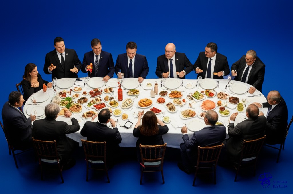 Un grupo de personas, con trajes formales, sentadas alrededor de una mesa de banquete repleta de comida exquisita. En el centro de la mesa, un pequeño plato con un puñado de migas de pan. Todos se esfuerzan por alcanzar las migas, empujándose y discutiendo. Representa: Debate en el Congreso sobre la Ley de Obra Pública (diciembre 2024)