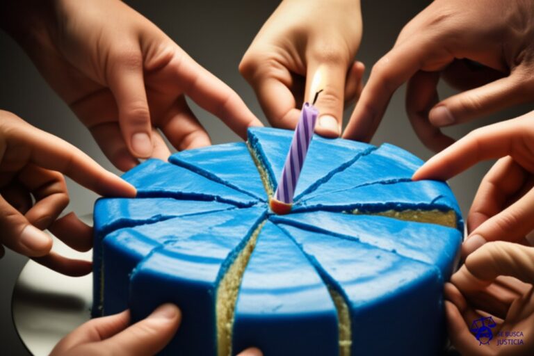 Un gran pastel con una vela encendida en el centro. Alrededor del pastel, un grupo de manos intentan cortar rebanadas, pero cada vez que lo hacen, la vela se inclina peligrosamente. Representa: Debate sobre el contenido esencial de los derechos fundamentales y la prohibición de su afectación por ley, incluso cuando se permite su limitación.