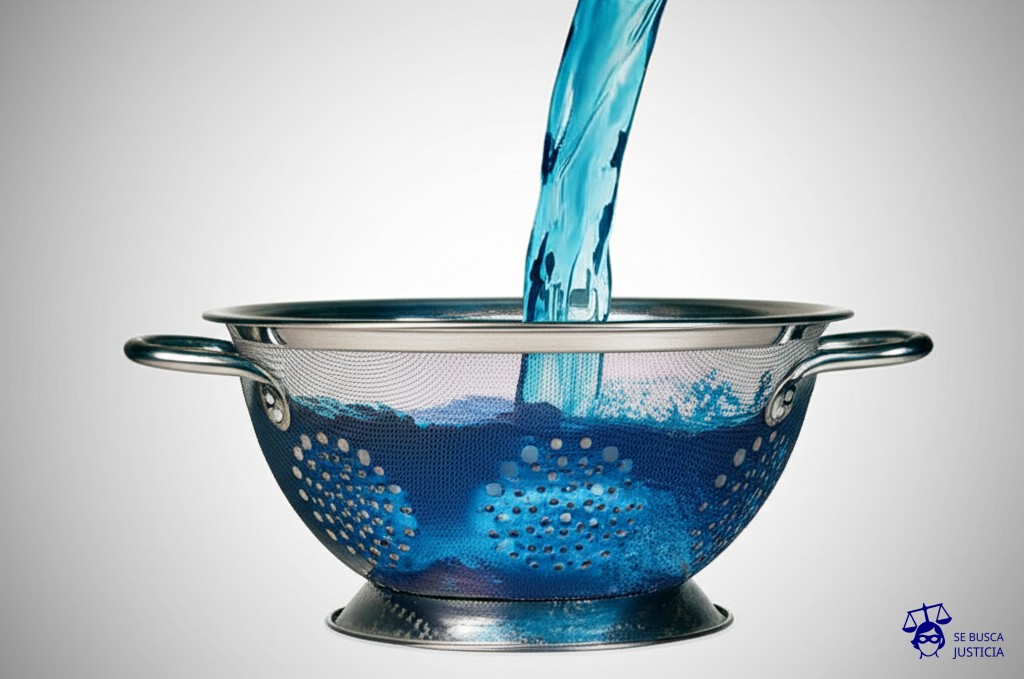 Un colador con agujeros enormes intentando atrapar un montón de agua que se escapa a chorros. Representa: Debilidad de la normativa sobre áreas naturales protegidas