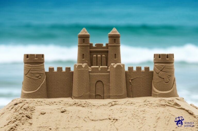 Un castillo de arena con una marea alta acercándose rápidamente. Representa: Debilidad institucional para la protección de recursos naturales