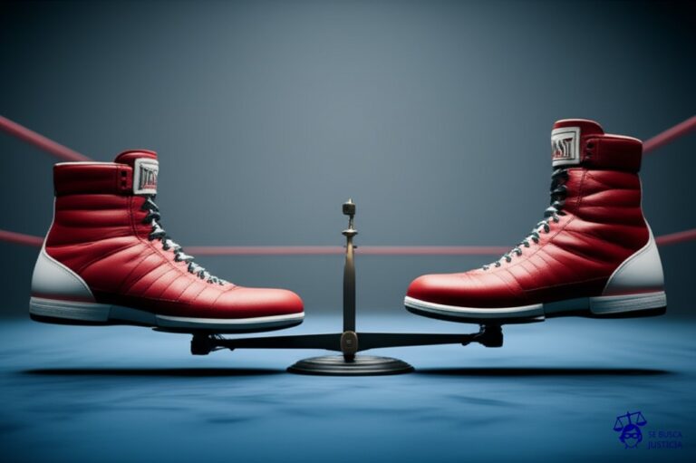 Un par de zapatos de boxeo, uno visiblemente más grande que el otro, ambos en el centro del ring, con una balanza inclinada hacia el lado del zapato más grande. Representa: Decisión polémica en el combate de boxeo Holyfield vs Lewis II (1999)