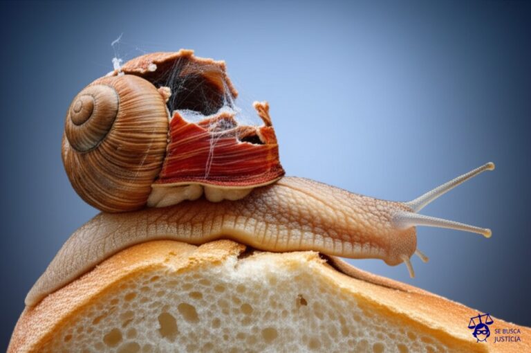 Un caracol gigante, con el caparazón agrietado y lleno de telarañas, intentando desesperadamente subir una empinada cuesta de migas de pan. Representa: Deficiencias en la atención de reclamos de personas jubiladas y pensionadas