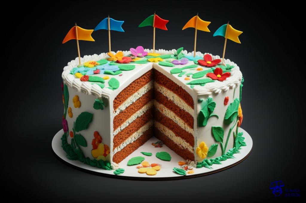 Un enorme pastel de cumpleaños, aparentemente decorado con motivos ecológicos (hojas, flores), pero que al cortarlo revela que el interior está hecho completamente de basura. Representa: Deficiencias en planes de remediación ambiental