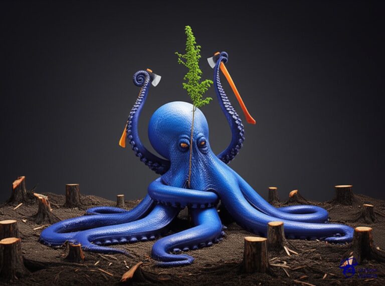 Un pulpo gigante, con hachas en lugar de tentáculos, abrazando un pequeño y frágil árbol, mientras a su alrededor, el suelo está lleno de tocones y aserrín. Representa: Deforestación ilegal en áreas protegidas
