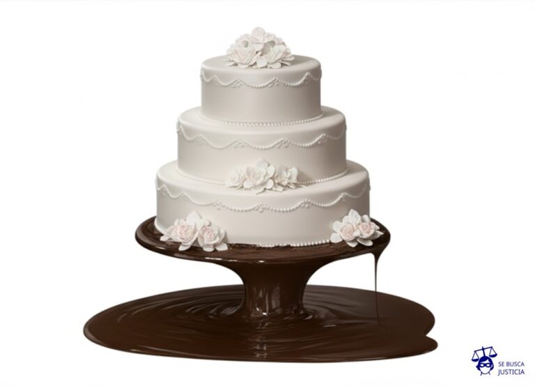 Un gran pastel de bodas impecable, adornado con flores y detalles elegantes, que se derrite lentamente en un charco de barro. Representa: Delitos contra el honor y la reputación