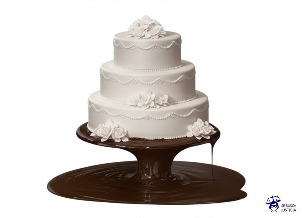 Un gran pastel de bodas impecable, adornado con flores y detalles elegantes, que se derrite lentamente en un charco de barro. Representa: Delitos contra el honor y la reputación