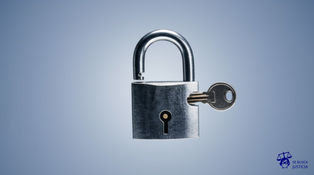 Un candado oxidado y torcido, forzado a la fuerza, con una llave rota atascada en la cerradura. Representa: Delitos contra la libertad sexual