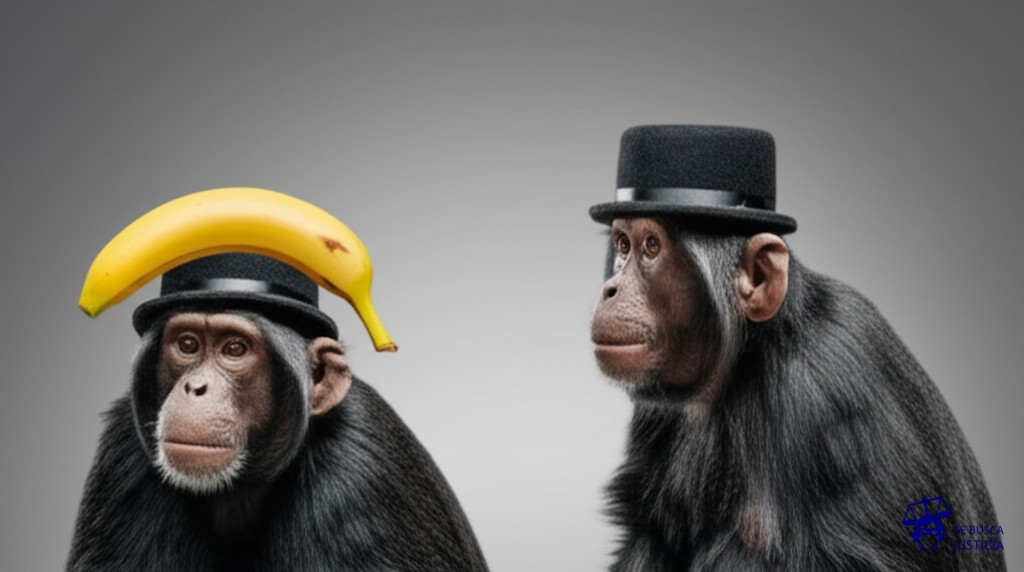 Un mono con un sombrero de copa, intentando desesperadamente copiar a otro mono con un sombrero de copa, pero con un plátano pegado en la cabeza. Representa: Delitos contra la propiedad intelectual