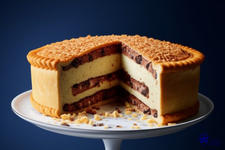 Un pastel gigante con una capa exterior perfectamente decorada, pero al cortarlo, el interior está hueco y relleno de migajas. Representa: Delitos de corrupción en el deporte