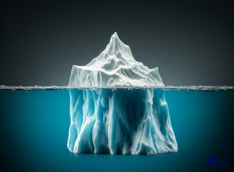 Un iceberg con una pequeña porción visible sobre el agua y una inmensa base sumergida. Representa: Delitos de evasión fiscal