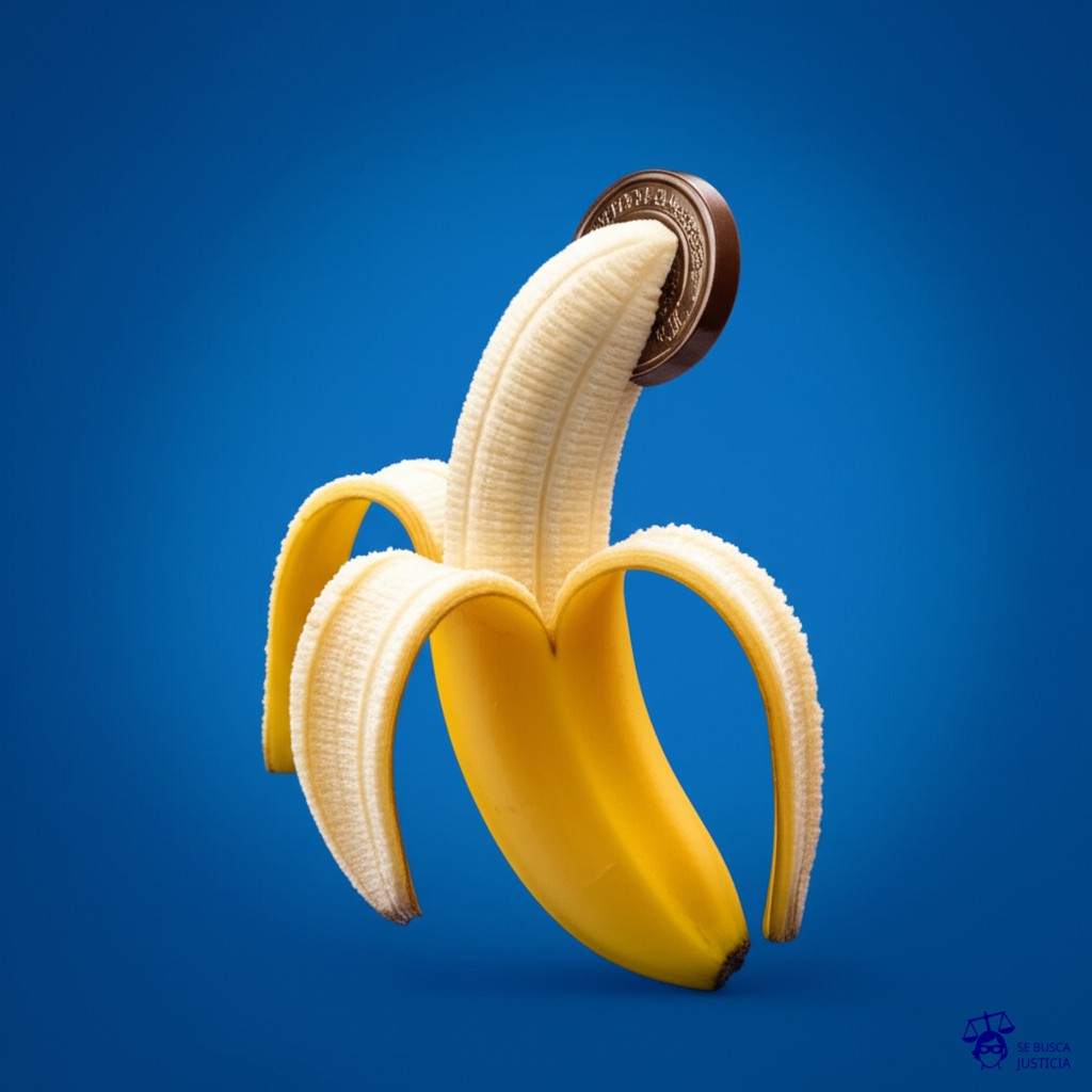 Un plátano perfectamente normal, a punto de ser pelado, revelando en su interior... una moneda de chocolate. Representa: Delitos de falsificación de moneda