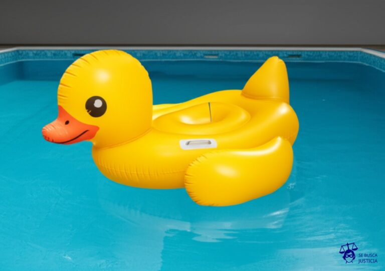 Un pato inflable gigante, visiblemente pinchado y desinflándose lentamente, flotando en una piscina vacía. Representa: Delitos de fraude en seguros