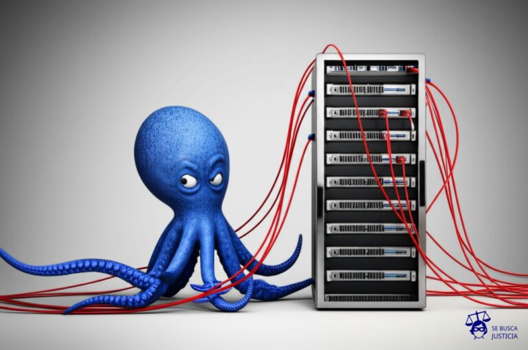Un pulpo con cables de red en lugar de tentáculos, intentando enredarse y estrangular un servidor. Representa: Delitos de terrorismo informático