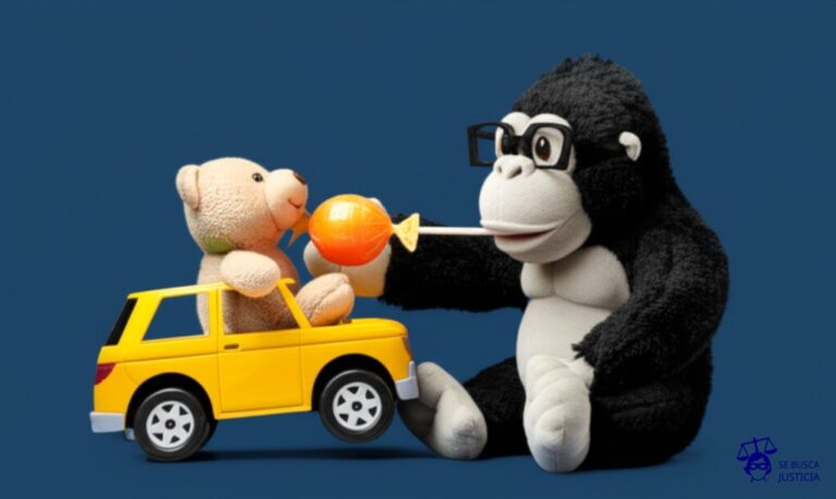 Un automóvil de juguete con ruedas torcidas, conducido por un gorila de peluche con gafas oscuras, que intenta meter un caramelo gigante en la boca de un osito de peluche más pequeño. Representa: Delitos de tráfico y corrupción de menores