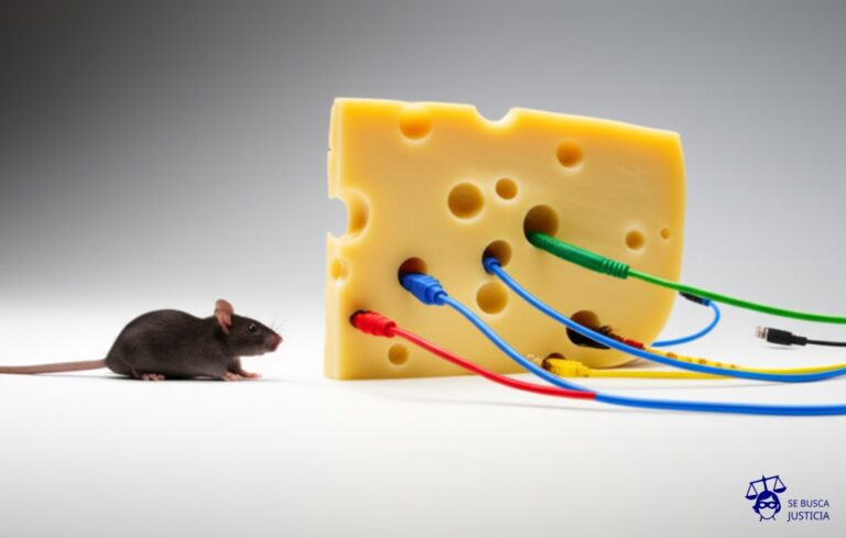 Un enorme queso suizo con agujeros, conectado por cables a un ratón de ordenador que intenta comérselo. Representa: Delitos informáticos y ciberfraude