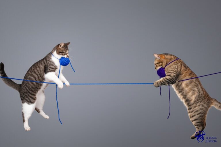 Dos gatos, cada uno con una madeja de lana en la boca, tirando en direcciones opuestas, enredándose cada vez más. Representa: Demanda cruzada entre involucrados