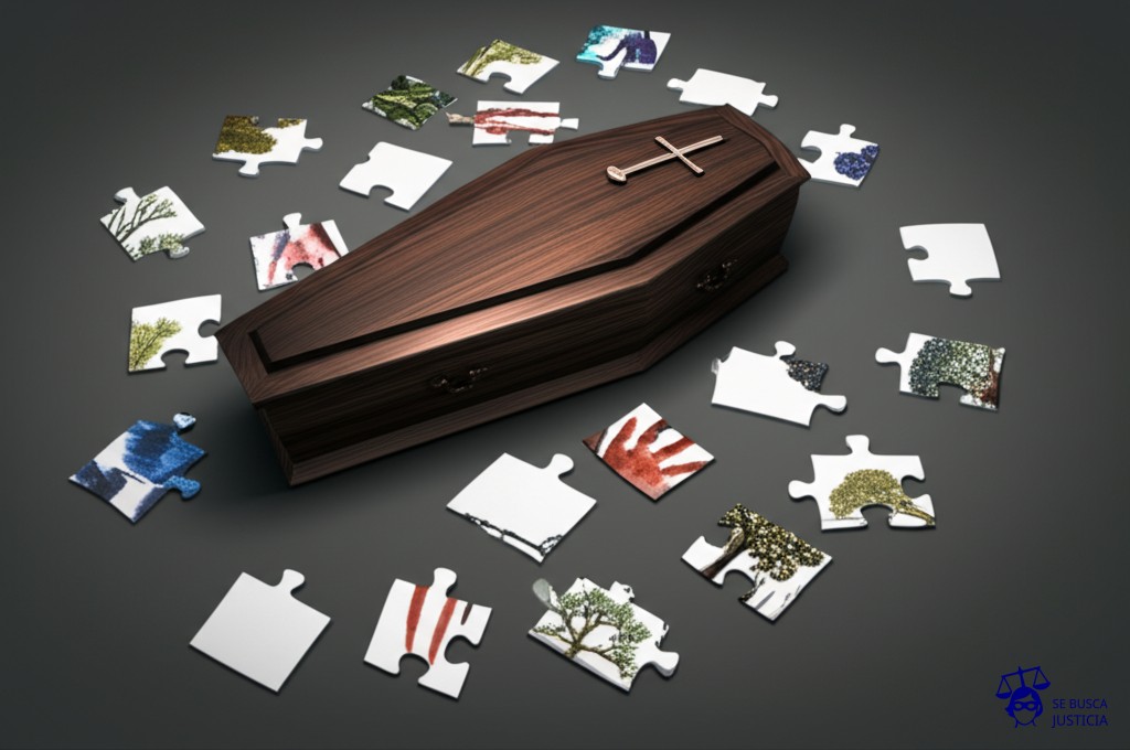 Un gran rompecabezas (puzzle) desarmado, con un ataúd en el centro y varias piezas de rompecabezas dispersas alrededor, algunas con forma de huellas de manos y otras con forma de árboles genealógicos incompletos. Representa: Demanda por filiación extramatrimonial post-mortem, donde se busca establecer la paternidad o maternidad de una persona fallecida para efectos sucesorios o de identidad. El proceso implica la recolección de pruebas genéticas de familiares o exhumación de restos.