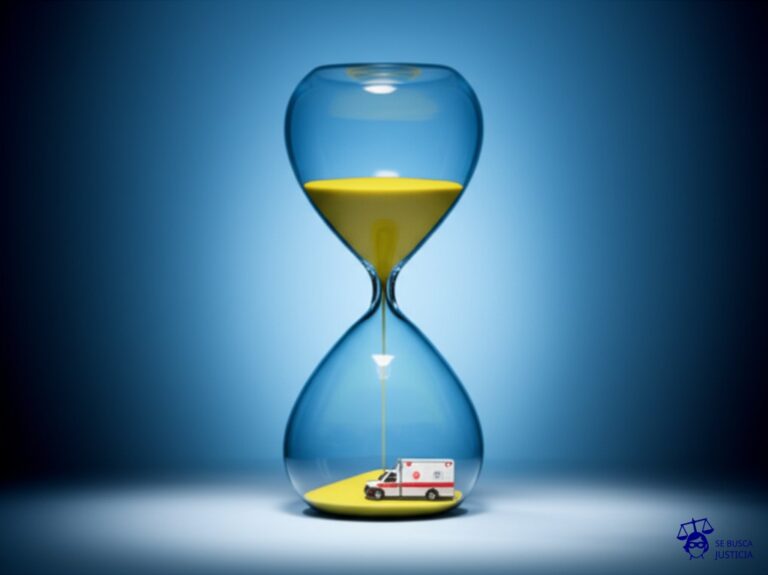 Un reloj de arena gigante con una ambulancia diminuta atascada en la parte superior, incapaz de caer. Representa: Demora en atención médica tras accidente
