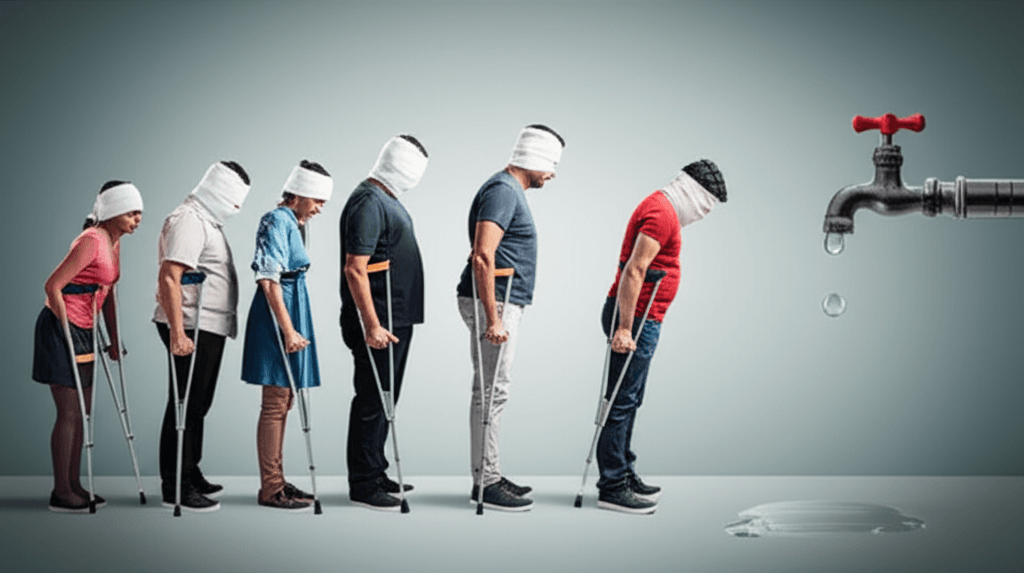 Un grupo de personas en fila india, con muletas, vendas y cabezas vendadas, intentando desesperadamente alcanzar un grifo que solo gotea. Representa: Demora en el pago de indemnizaciones por siniestros múltiples