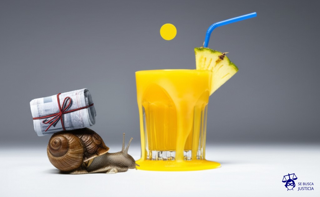Un caracol, con una mochila llena de billetes, avanzando a paso de tortuga hacia una piña colada que se está derritiendo bajo el sol. Representa: Demora en el pago de siniestros