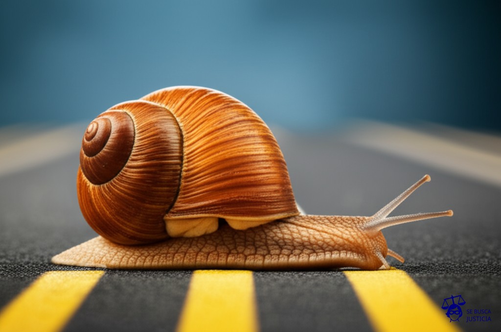 Un caracol, con una concha gigantesca que parece un archivo administrativo, arrastrándose lentamente por un camino. Representa: Demora en la entrega de certificados administrativos