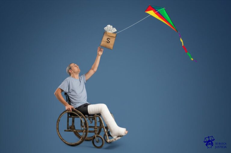 Un hombre con un yeso en la pierna, sentado en una silla de ruedas oxidada, intentando alcanzar un sobre con dinero que está colgado de una cometa, muy arriba en el cielo. Representa: Demora en la entrega de pagos por seguros de salud