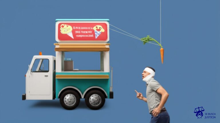 Un hombre con la cabeza vendada y una mueca de dolor, intentando desesperadamente alcanzar una zanahoria que cuelga de una cuerda atada a un camión de helados en movimiento. Representa: Demora en la entrega de pagos por seguros de salud