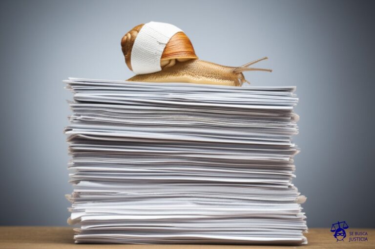 Un caracol, con un vendaje en la concha, intentando escalar una empinada pila de expedientes. Representa: Demora en pericias médicas judiciales