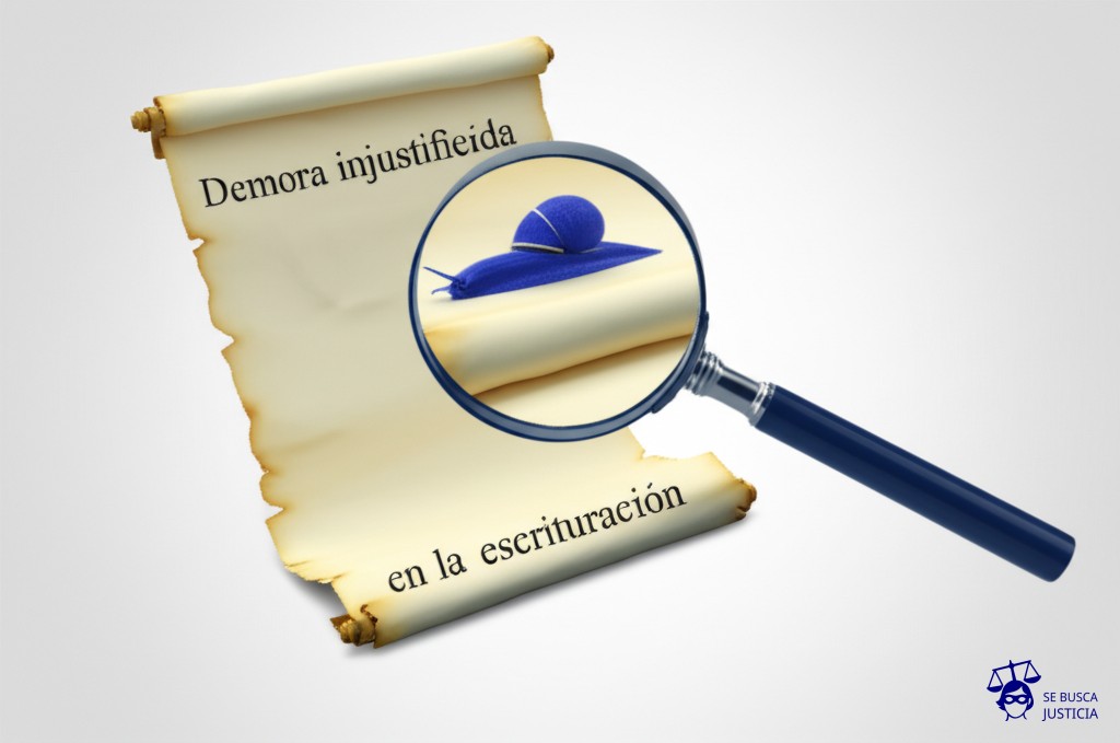 Un caracol arrastrándose lentamente sobre un pergamino enrollado, con una lupa gigante que lo observa fijamente. Representa: Demora injustificada en la escrituración