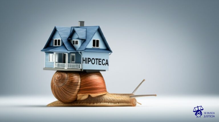 Un caracol arrastrando una casa a cuestas, con una hipoteca gigante escrita en su caparazón. Representa: Demoras en la cancelación de hipotecas