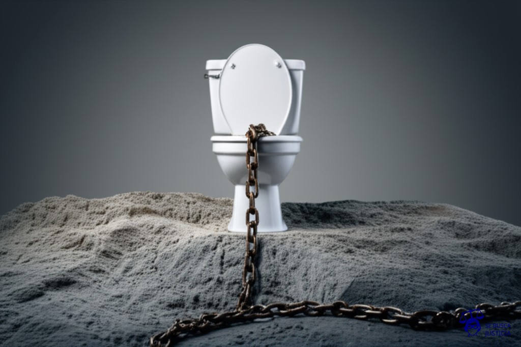Un inodoro con una cadena oxidada y muy larga, que se pierde de vista, subiendo por una montaña. Representa: Demoras en la eliminación de datos tras solicitud del usuario