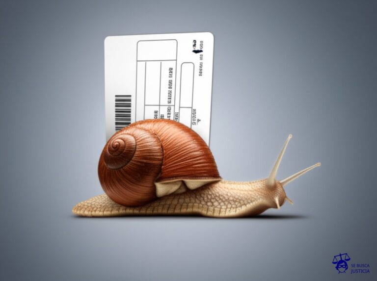 Un caracol gigante, con una chequera pegada a su caparazón, avanzando a paso de tortuga. Representa: Demoras en la entrega de tarjetas o chequeras