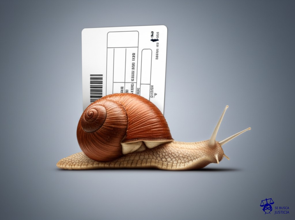Un caracol gigante, con una chequera pegada a su caparazón, avanzando a paso de tortuga. Representa: Demoras en la entrega de tarjetas o chequeras