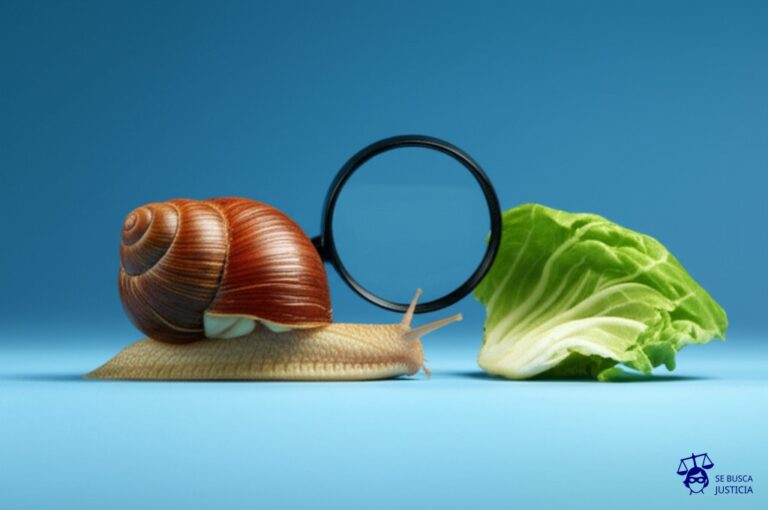 Un caracol, con una lupa, examinando minuciosamente una lechuga marchita. Representa: Demoras en la inspección o peritaje