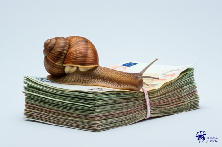 Un caracol, arrastrando una enorme pila de billetes de banco. Representa: Demoras en los juicios de repetición de tributos