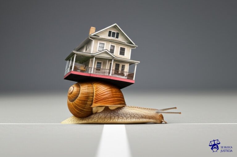 Un caracol, con una gran casa a cuestas, intentando cruzar una línea de meta. Representa: Demoras excesivas en la emisión de certificados de libre deuda