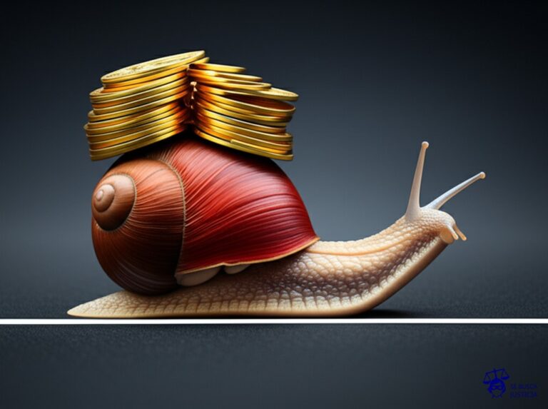 Un caracol muy lento, con una gran mochila llena de monedas de oro, intentando cruzar la línea de meta. Representa: Demoras injustificadas en la devolución de fondos