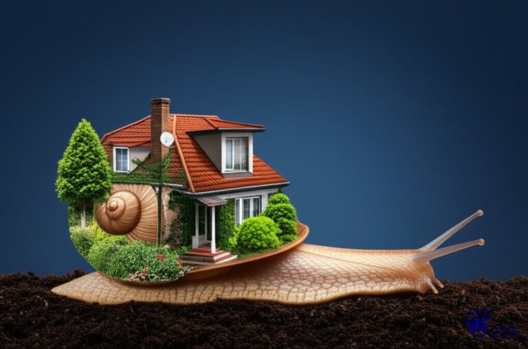 Un caracol gigante, con una casa hecha de un vertedero industrial, arrastrándose lentamente sobre un jardín floreciente. Representa: Demoras injustificadas en la resolución de causas ambientales