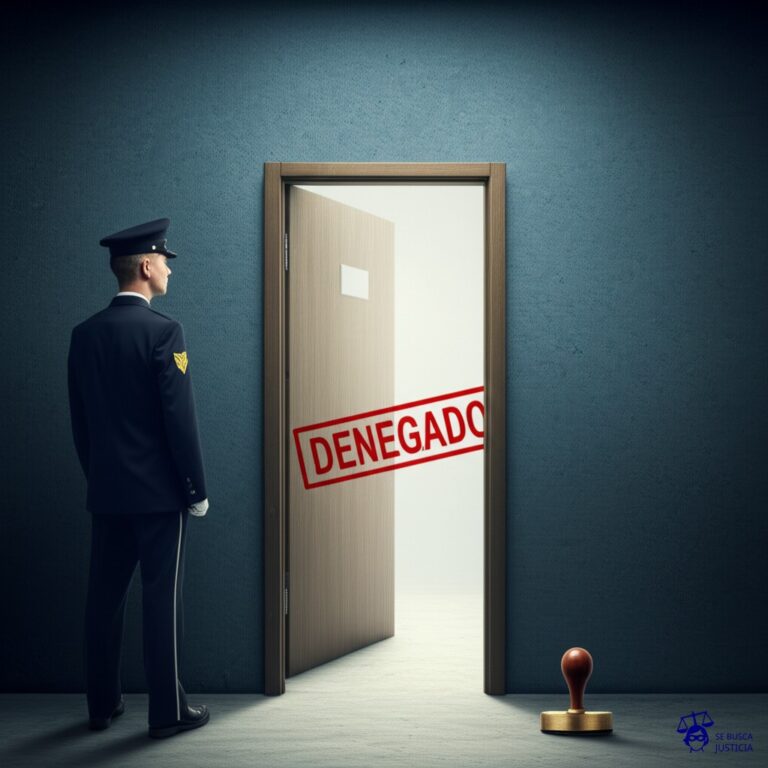 Un laberinto sin salida, con una única puerta de entrada aparentemente accesible, pero custodiada por un guardia con un gran sello de goma, que sistemáticamente estampa DENEGADO en cualquier intento de cruzarla. Representa: Denegación arbitraria de la nacionalidad