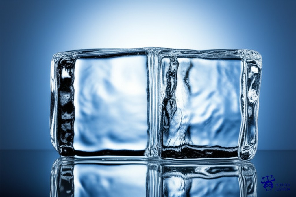Un cubo de hielo gigante con la forma de un muro, derritiéndose lentamente bajo el sol. Representa: Denegación arbitraria del asilo político
