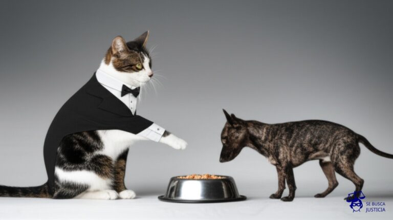 Un gato, elegantemente ataviado con un frac, empujando un plato de comida (representando seguridad) fuera del alcance de un perro hambriento. Representa: Denegación de asilo político en contradicción con la Convención de Ginebra