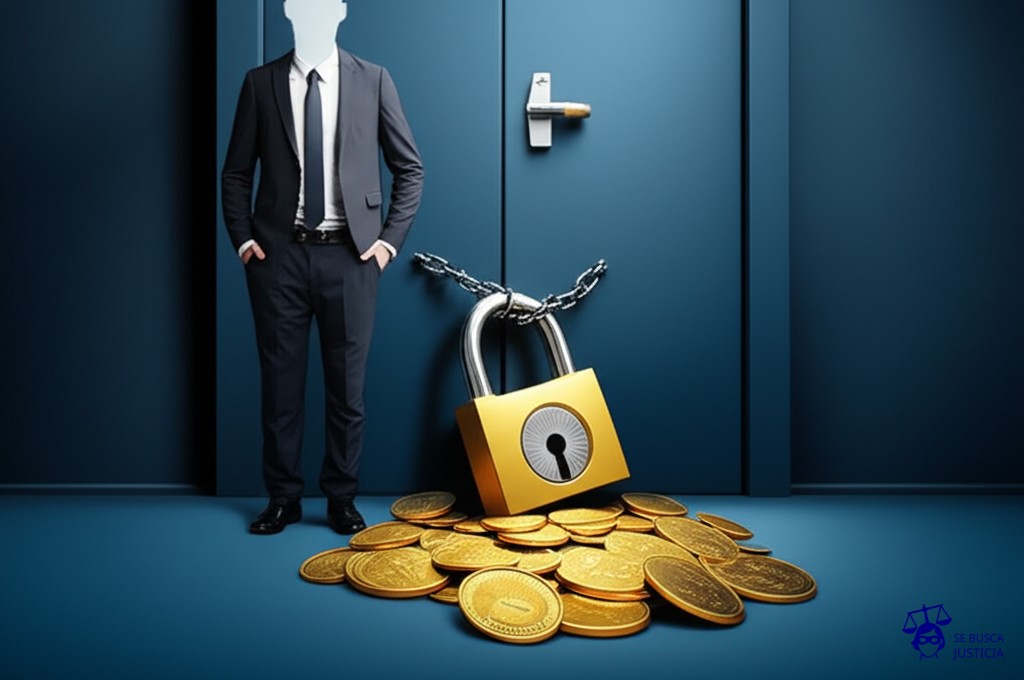 Un hombre invisible, con las manos en los bolsillos, de pie frente a una puerta cerrada con un gran candado. A sus pies, un montón de monedas de oro yace desatendido. Representa: Denegación de ayudas o subvenciones sin justificación