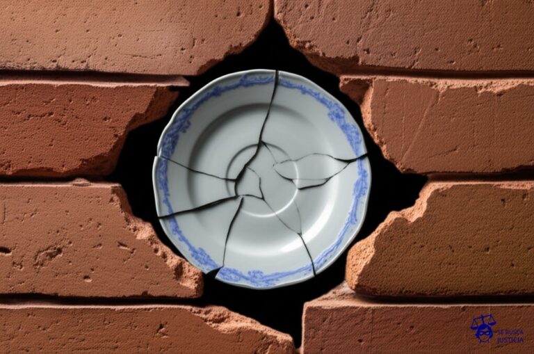 Un plato de porcelana finísima, con un par de grietas notables, siendo arrojado con fuerza contra una pared de ladrillos. Representa: Denuncia de violencia familiar en contexto de divorcio