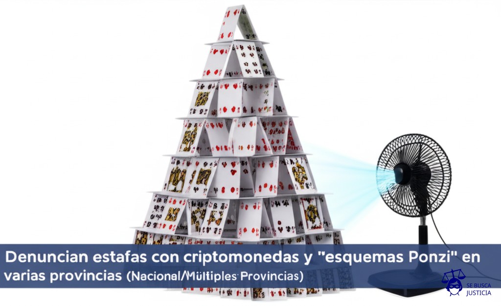 Un castillo de naipes gigante, precariamente construido, con un pequeño ventilador eléctrico apuntando hacia él. Representa: Denuncian estafas con criptomonedas y "esquemas Ponzi" en varias provincias (Nacional/Múltiples Provincias)