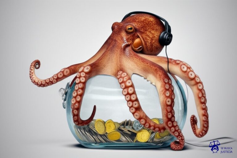 Un pulpo con auriculares, usando cada uno de sus tentáculos para sujetar y extraer monedas de una alcancía gigante. Representa: Derechos de autor de podcasts y su monetización